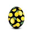 Yellow lemon painted on block of chicken egg, decorated for Easter holiday