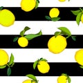 Yellow lemon over black stripes over white seamless vector pattern