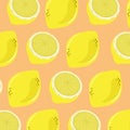 A yellow lemon with a piece of lemon on isolated orange background. A yellow lemons for textile used in juice concept