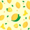 Yellow lemon seamless pattern with haft and leaf white background color