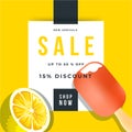 Yellow Lemon slice with red ice cream. 15% Sale banner template design. Big sale special offer. Special offer banner for poster,