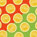 Yellow lemon slices on red and green background Royalty Free Stock Photo