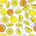 Yellow lemon, tea in cup with spoon - hand draw seamless pattern with light texture Royalty Free Stock Photo