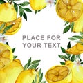 Yellow lemon watercolor frame with place for text. Template for invitations