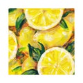 Yellow lemons with green leaves on a bright background. Acrylic painting card for design and print. Hand draw contemporary artwork