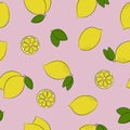 Yellow lemons and green leaves seamless pattern. Hand drawn with pencil contours Royalty Free Stock Photo