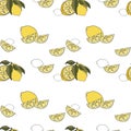 Yellow lemons seamless fresh organic citrus summer fruits vector eps pattern on white background Royalty Free Stock Photo