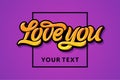 Yellow letters Love you with a square frame on a lilac background. Editable file. In the illustration there is a field for your te