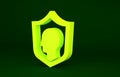 Yellow Life insurance with shield icon isolated on green background. Security, safety, protection, protect concept