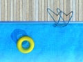 Yellow life preserver floating in swimming pool, summer background