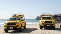 Yellow lifeguard car, beach near Los Angeles. Rescue Toyota pick up truck, lifesavers California USA Royalty Free Stock Photo