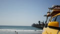 Yellow lifeguard car, ocean beach California USA. Rescue pick up truck, lifesavers vehicle. Royalty Free Stock Photo