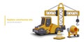 Yellow lifting crane, road roller, concrete mixer, signal cone