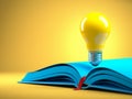 Yellow light bulb on the blue open book. Idean and creativity concept background Royalty Free Stock Photo