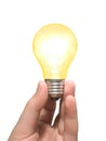Yellow light bulb in hand Royalty Free Stock Photo