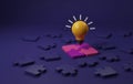 Yellow light bulb on jigsaw puzzle piece on purple background Royalty Free Stock Photo