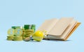 Yellow light bulb with money banknote, coins stacks, pencil, open book isolated on blue background. idea tip education, knowledge