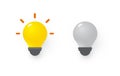 Yellow light bulb on, new idea symbol. Gray light bulb off, lack of ideas symbol. Flat 3D vector illustration