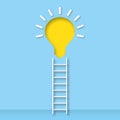 Yellow light bulb with stair on pastel blue wall background. Ideas inspiration concepts of business finance or goal to success. Royalty Free Stock Photo