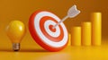 A yellow light bulb, target with arrow, and ascending bar graph on a yellow background symbolize innovation, goals, and growth. Royalty Free Stock Photo