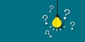 Yellow light bulb with white question mark on dark green background as metaphor for business idea problem. shadow overlay. Royalty Free Stock Photo