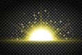 Yellow light from sunrise. Bright rays of the sun and brilliant sparkling flares, stars. Abstract light effect on a transparent ba Royalty Free Stock Photo