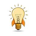 Yellow Lightbulb with Orange Rocket Wings on White Background Royalty Free Stock Photo