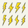 Yellow lightning bolt icons collection. Flash symbol, thunderbolt. Simple lightning strike sign. Vector illustration. Royalty Free Stock Photo