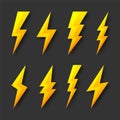 Yellow lightning bolt icons collection. Flash symbol, thunderbolt. Simple lightning strike sign. Vector illustration. Royalty Free Stock Photo