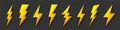 Yellow lightning bolt icons collection. Flash symbol, thunderbolt. Simple lightning strike sign. Vector illustration. Royalty Free Stock Photo