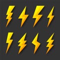 Yellow lightning bolt icons collection. Flash symbol, thunderbolt. Simple lightning strike sign. Vector illustration. Royalty Free Stock Photo