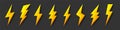 Yellow lightning bolt icons collection. Flash symbol, thunderbolt. Simple lightning strike sign. Vector illustration. Royalty Free Stock Photo