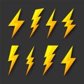 Yellow lightning bolt icons collection. Flash symbol, thunderbolt. Simple lightning strike sign. Vector illustration. Royalty Free Stock Photo