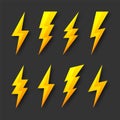 Yellow lightning bolt icons collection. Flash symbol, thunderbolt. Simple lightning strike sign. Vector illustration. Royalty Free Stock Photo