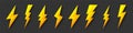 Yellow lightning bolt icons collection. Flash symbol, thunderbolt. Simple lightning strike sign. Vector illustration. Royalty Free Stock Photo