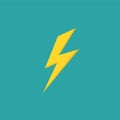 Yellow lightning bolt simple flat icon. storm or thunder and lightning strike sign isolated on blue Royalty Free Stock Photo