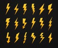 Yellow lightning silhouette. Electrical power high voltage, thunderbolt flash and energy lightnings silhouettes icons