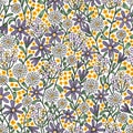 Yellow, lilac and white flowers mix, pattern illustration