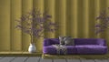 Yellow and liliac concrete molded plaster wall in modern luxury living room with sofa and potted tree. Cozy background with copy