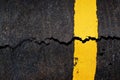 Yellow line on cracked asphalt road Royalty Free Stock Photo