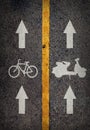 Yellow line on the high way saperate for bicycle and motorcycle. Royalty Free Stock Photo