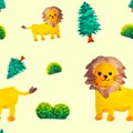 Yellow lion cute cartoon character illustration design watercolor painting