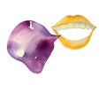 Yellow lips and purple spot dialog, message, speech, voice watercolor illustration