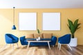 Yellow living room, sofa and two posters Royalty Free Stock Photo