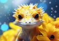 a yellow lizard with black eyes and yellow flowers