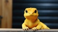 A yellow lizard sitting on top of a wooden table. Generative AI image.