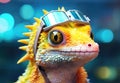 a yellow lizard wearing goggles