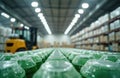 Yellow loader in industrial warehouse. Many plastic PET bottles with beer and other beverages. Rows of packed drinks ready for Royalty Free Stock Photo