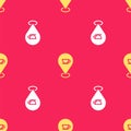 Yellow Location with coffee cup icon isolated seamless pattern on red background. Vector Royalty Free Stock Photo