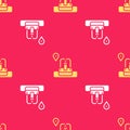Yellow Location with fountain icon isolated seamless pattern on red background. Vector
